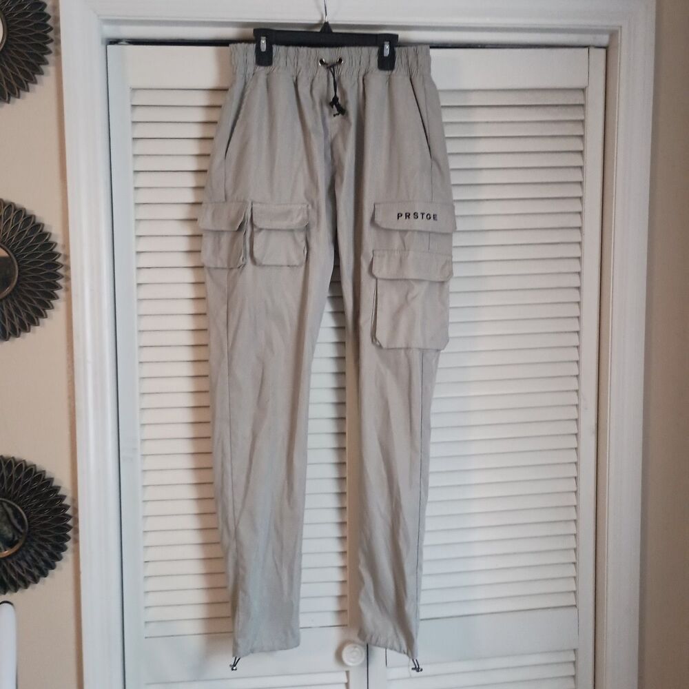 PRSTGE Men's Pants Size Large Beige Cargo Jogger Pants Stretch Waist Skinny